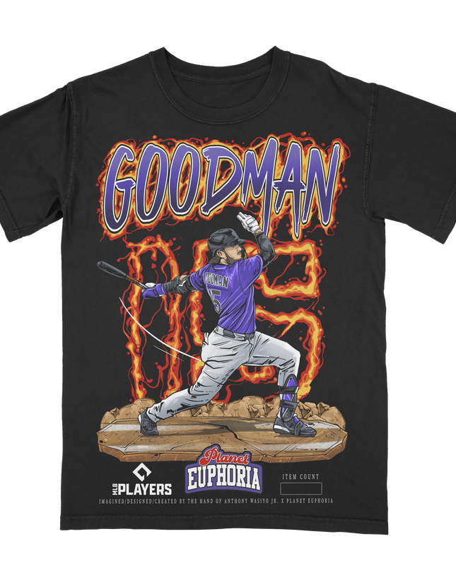 Hunter Goodman Colorado Rockies #15 baseball graphic t-shirt from Planet Euphoria, black shirt, front view