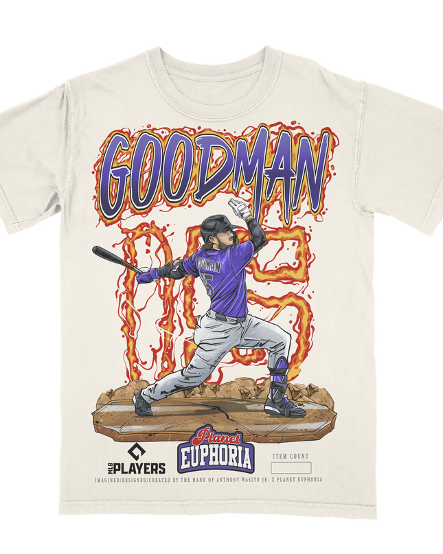 Hunter Goodman Colorado Rockies baseball graphic t-shirt from Planet Euphoria, off-white shirt, front view