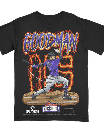 Hunter Goodman V2 Colorado Rockies baseball graphic t-shirt from Planet Euphoria, black shirt, front view