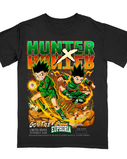 Hunter X Hunter anime graphic tee by Planet Euphoria in black, front view.