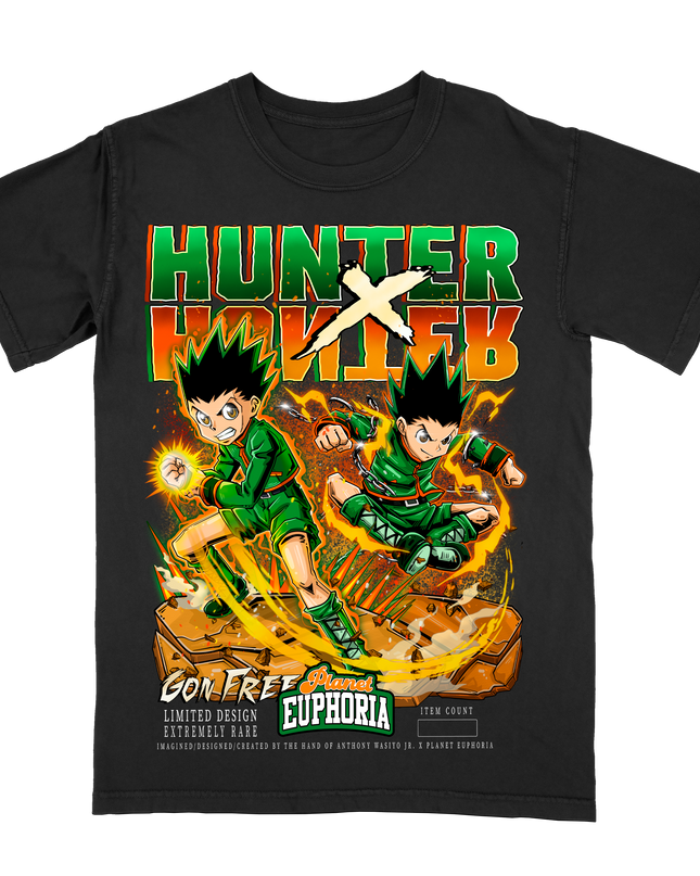 Hunter X Hunter anime graphic tee by Planet Euphoria in black, front view.