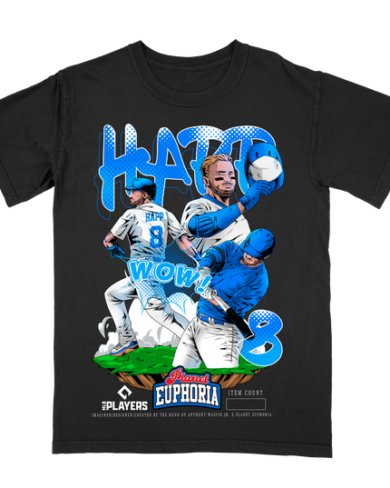 Ian Happ Chicago Cubs MLB Player graphic tee by Planet Euphoria in black, front view.