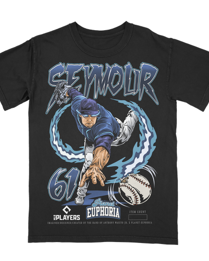 Ian Seymour Tampa Bay Rays MLBPA graphic tee by Planet Euphoria in black, front view.