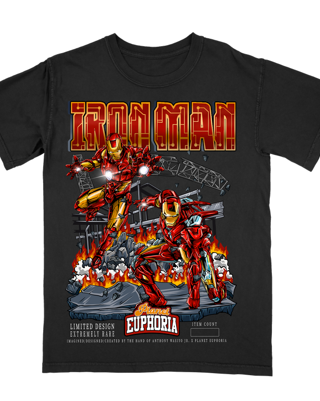 Iron Man limited edition Black T-Shirt with hand-drawn artwork and flames in the background, made by Planet Euphoria, displayed in the front view.