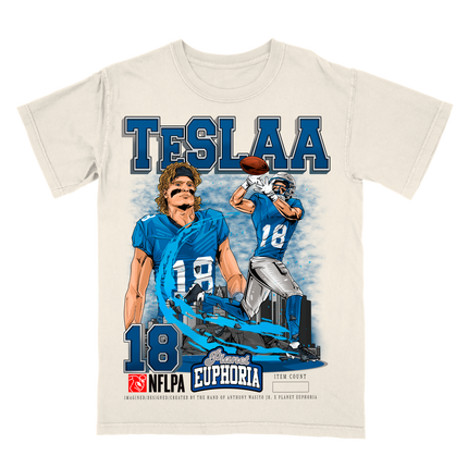 Isaac Teslaa Detroit Lions football player graphic tee by Planet Euphoria in off-white, front view.