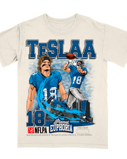 Isaac Teslaa Detroit Lions football player graphic tee by Planet Euphoria in off-white, front view.