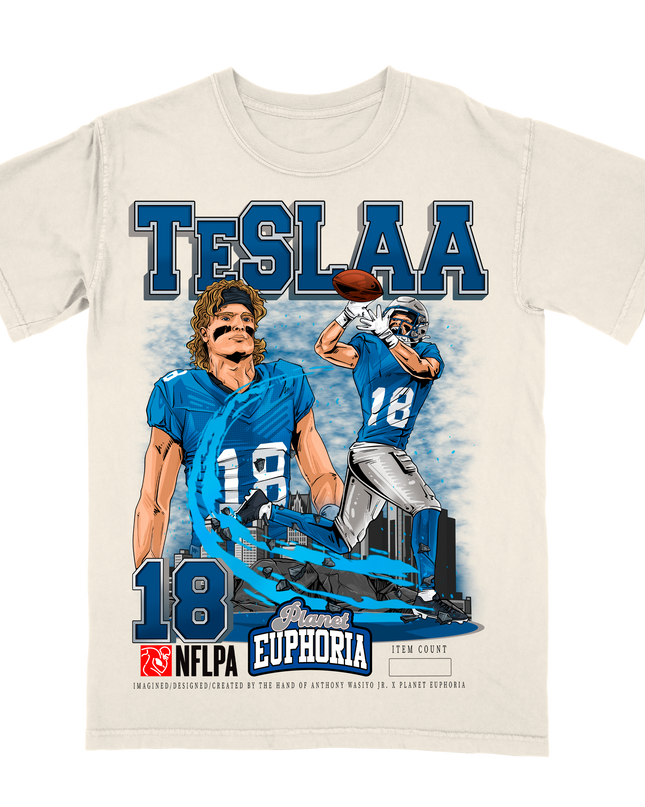 Isaac Teslaa Detroit Lions football player graphic tee by Planet Euphoria in off-white, front view.