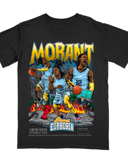 Ja Morant #12 Memphis graphic basketball T-shirt by Planet Euphoria in black, front view.