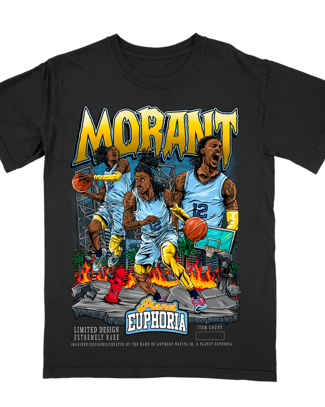 Ja Morant #12 Memphis graphic basketball T-shirt by Planet Euphoria in black, front view.