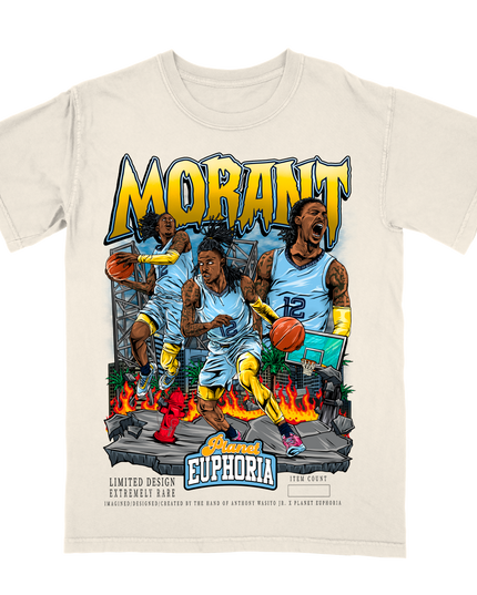 Ja Morant Limited Edition Memphis graphic basketball T-shirt by Planet Euphoria in off-white, front view.