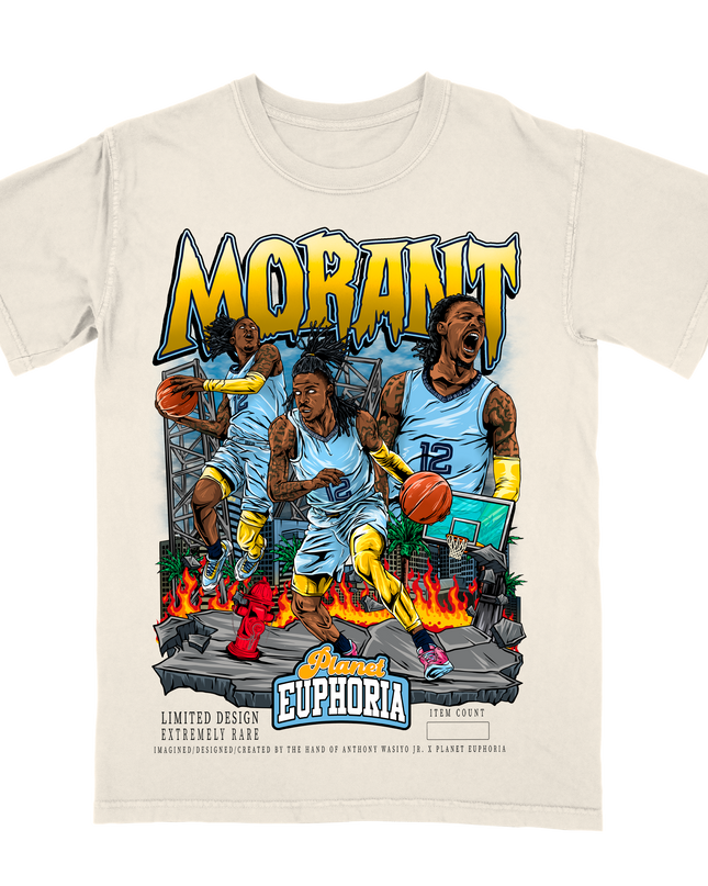 Ja Morant Limited Edition Memphis graphic basketball T-shirt by Planet Euphoria in off-white, front view.