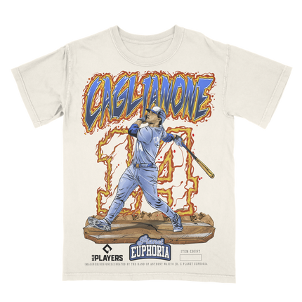 Jac Caglione KC MLBPA graphic t-shirt with flame lettering by Planet Euphoria in off-white, front view.