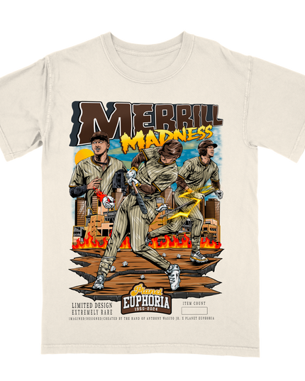 Jackson Merrill 'Merrill Madness' baseball graphic t-shirt by Planet Euphoria in off-white, front view.
