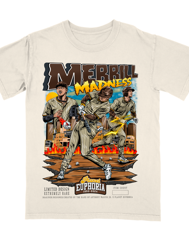 Jackson Merrill 'Merrill Madness' baseball graphic t-shirt by Planet Euphoria in off-white, front view.