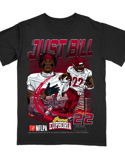 Jacory "Bill" Croskey-Merritt 'JUST BILL' Washington NFLPA graphic t-shirt in black, front view.