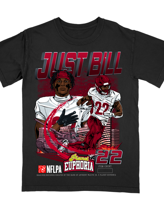 Jacory "Bill" Croskey-Merritt 'JUST BILL' Washington NFLPA graphic t-shirt in black, front view.