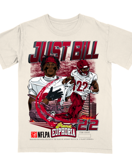 Jacory "Bill" Croskey-Merritt 'JUST BILL' Washington NFLPA graphic t-shirt in off-white, front view.