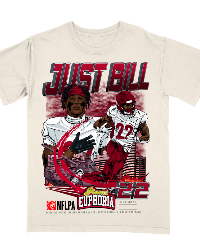 Jacory "Bill" Croskey-Merritt 'JUST BILL' Washington NFLPA graphic t-shirt in off-white, front view.
