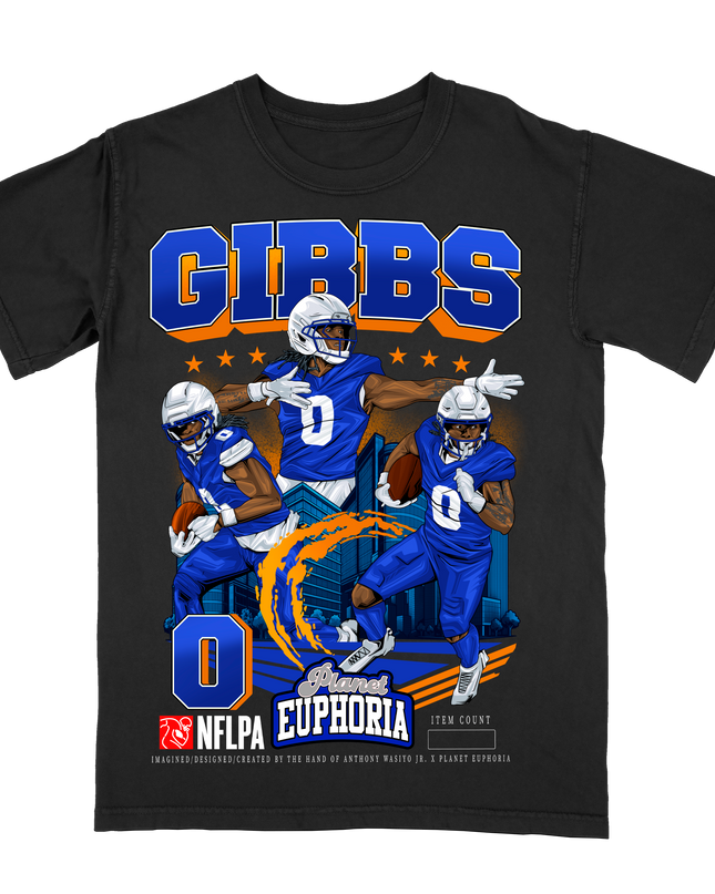 Jahmyr Gibbs Detroit #0 NFL graphic t-shirt by Planet Euphoria in black, front view.