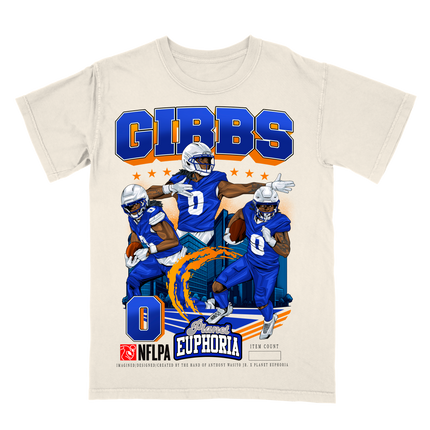 Jahmyr Gibbs Detroit #0 NFLPA graphic t-shirt by Planet Euphoria in off-white, front view.