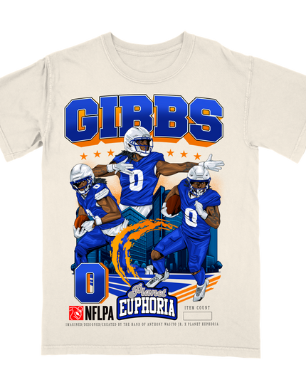 Jahmyr Gibbs Detroit #0 NFLPA graphic t-shirt by Planet Euphoria in off-white, front view.