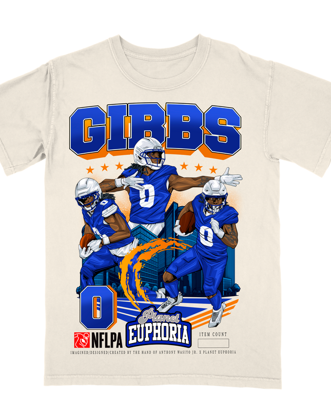 Jahmyr Gibbs Detroit #0 NFLPA graphic t-shirt by Planet Euphoria in off-white, front view.