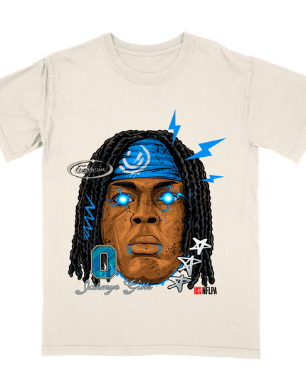 Jahmyr Gibbs Fat Head graphic tee by Planet Euphoria in off-white, front view.