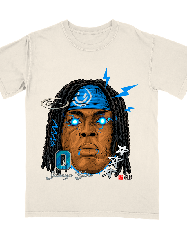 Jahmyr Gibbs Fat Head graphic tee by Planet Euphoria in off-white, front view.
