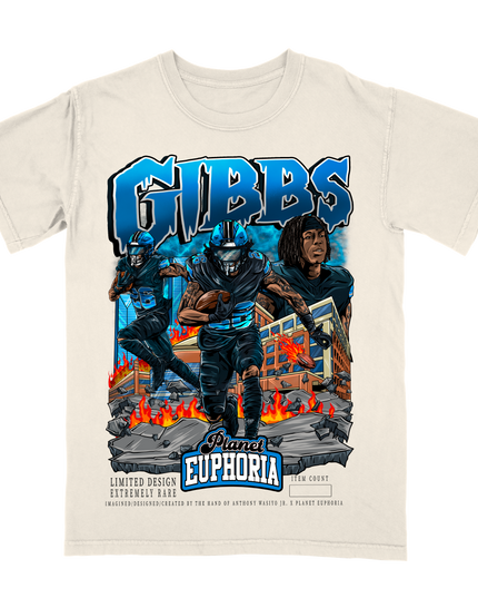 Jahmyr Gibbs 'GIBBS' Detroit football graphic t-shirt (V2) by Planet Euphoria in off-white, front view.