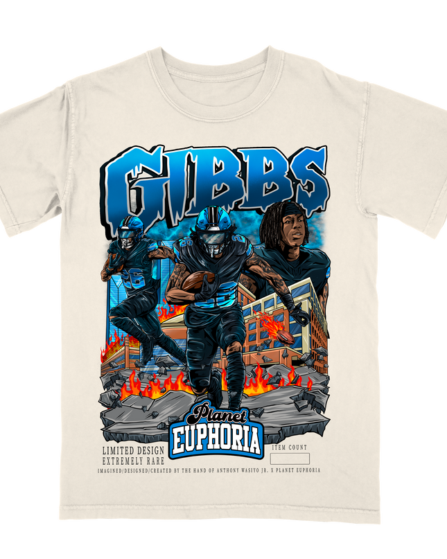 Jahmyr Gibbs 'GIBBS' Detroit football graphic t-shirt (V2) by Planet Euphoria in off-white, front view.