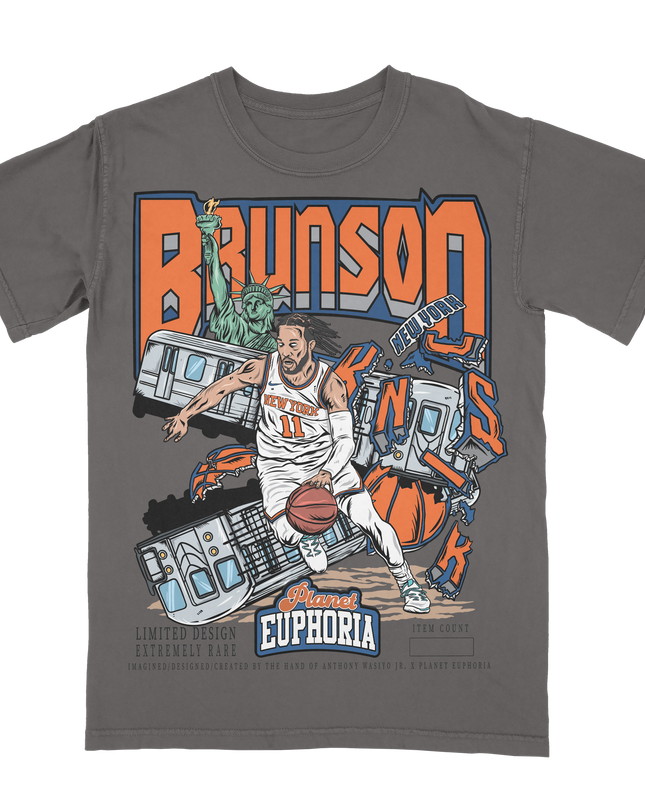 Jalen Brunson Knicks graphic tee by Planet Euphoria in charcoal, front view.