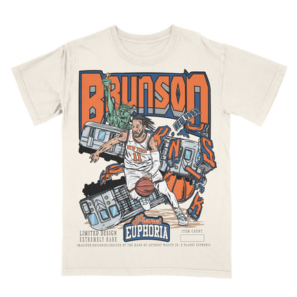 Jalen Brunson New York Knicks graphic tee by Planet Euphoria in off-white, front view.