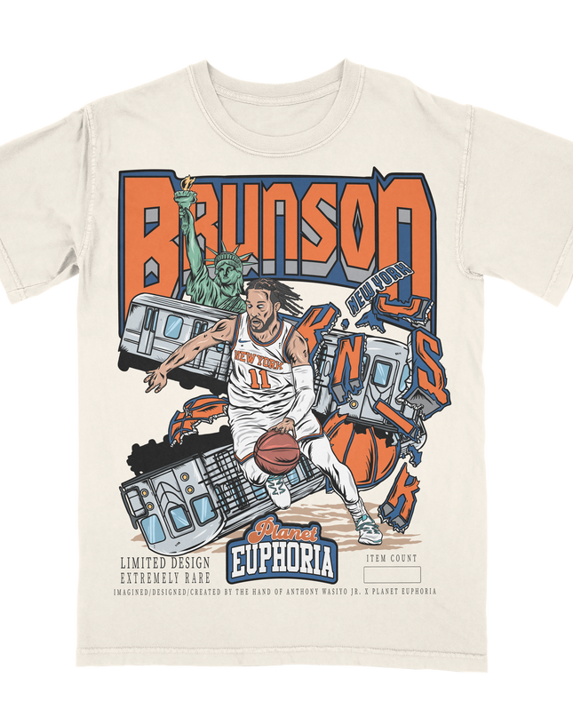 Jalen Brunson New York Knicks graphic tee by Planet Euphoria in off-white, front view.