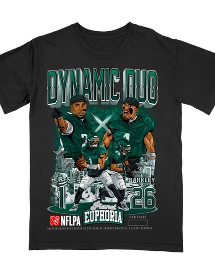 Jalen Hurts and Saquon Barkley Dynamic Duos Philadelphia football graphic tee by Planet Euphoria in black, front view.