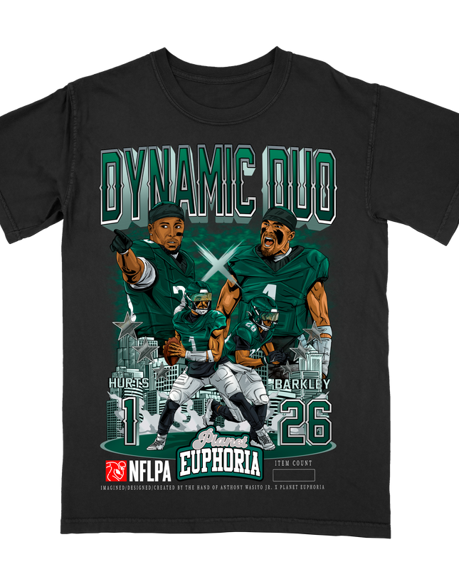 Jalen Hurts and Saquon Barkley Dynamic Duos Philadelphia football graphic tee by Planet Euphoria in black, front view.