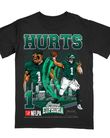 Jalen Hurts Philadelphia NFL Player graphic tee V3  by Planet Euphoria in black, front view.