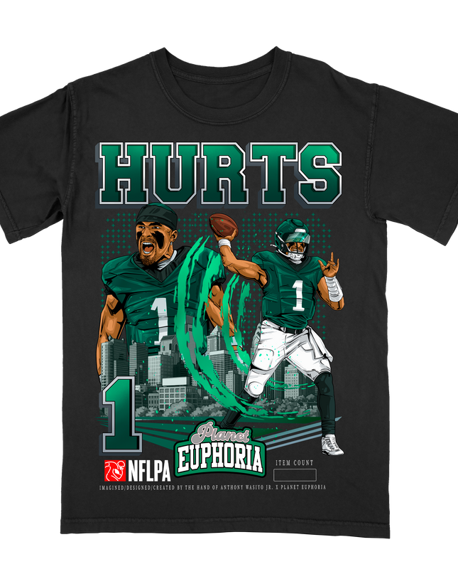 Jalen Hurts Philadelphia NFL Player graphic tee V3  by Planet Euphoria in black, front view.