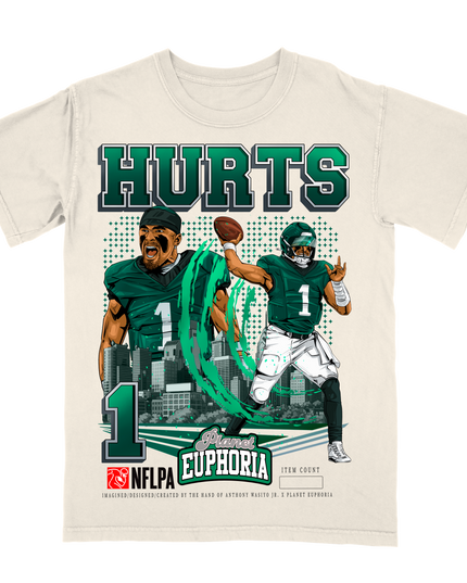 Jalen Hurts Philadelphia NFL Player graphic tee V3  by Planet Euphoria in off-white, front view.