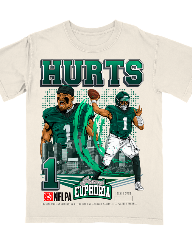 Jalen Hurts Philadelphia NFL Player graphic tee V3  by Planet Euphoria in off-white, front view.