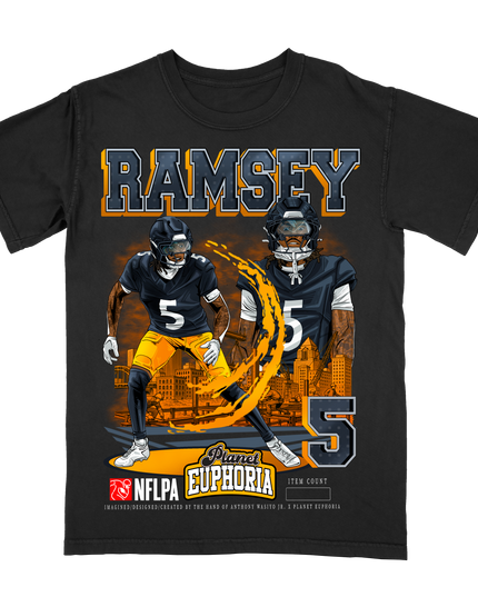 Jalen Ramsey Steelers NFLPA graphic tee by Planet Euphoria in black, front view.