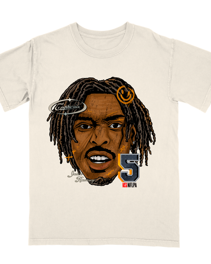 Jalen Ramsey #5 Fat Head graphic tee by Planet Euphoria in off-white, front view.