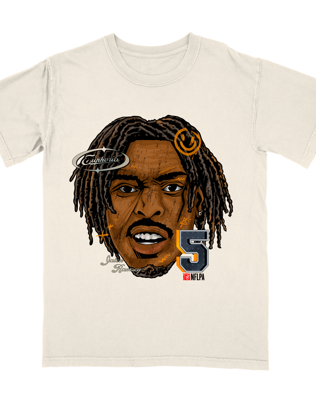 Jalen Ramsey #5 Fat Head graphic tee by Planet Euphoria in off-white, front view.