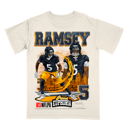Jalen Ramsey Pittsburgh NFLPA graphic tee by Planet Euphoria in off-white, front view.