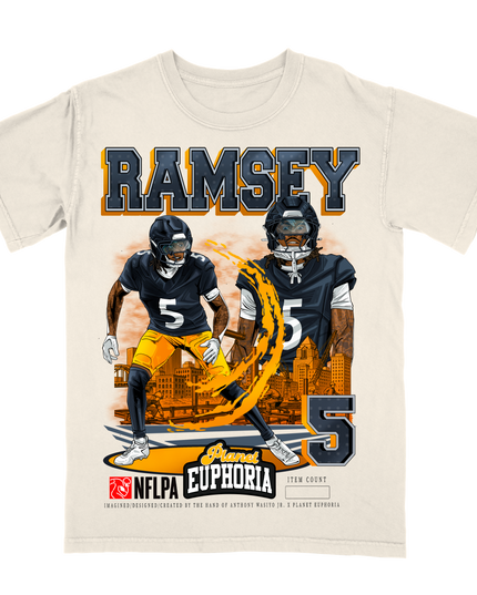 Jalen Ramsey Pittsburgh NFLPA graphic tee by Planet Euphoria in off-white, front view.