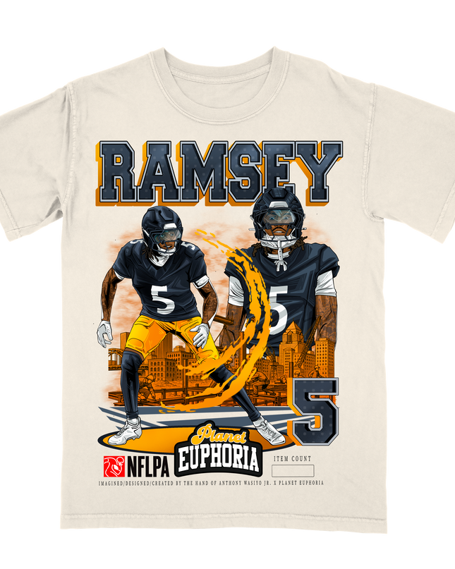 Jalen Ramsey Pittsburgh NFLPA graphic tee by Planet Euphoria in off-white, front view.