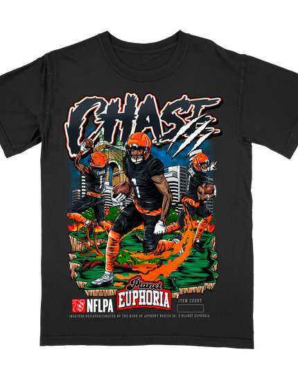 Ja'Marr Chase Bengals NFL Player graphic tee by Planet Euphoria in black, front view.