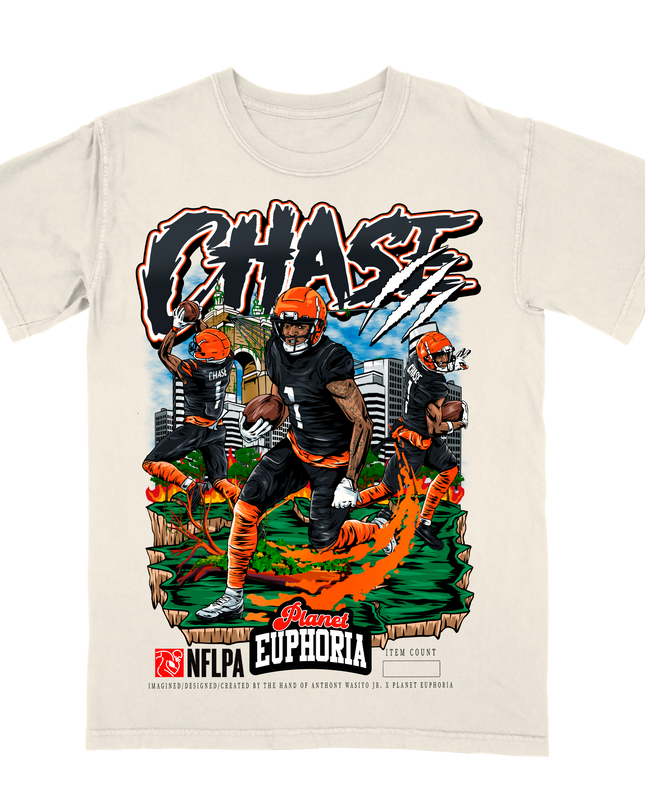 Ja'Marr Chase Bengals NFL Player graphic tee by Planet Euphoria in off-white, front view.