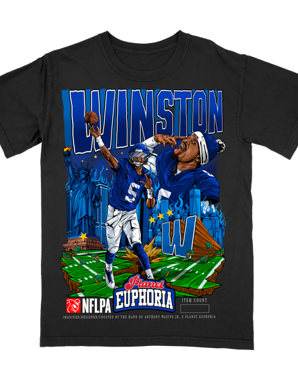 Jameis Winston New York NFLPA graphic t-shirt by Planet Euphoria in black, front view.