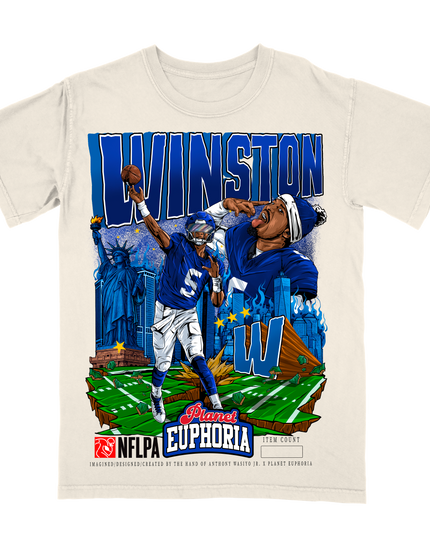 Jameis Winston New York NFLPA graphic t-shirt by Planet Euphoria in off-white, front view.