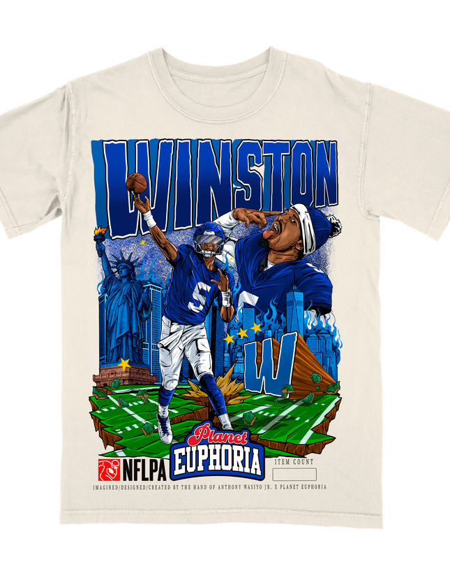Jameis Winston New York NFLPA graphic t-shirt by Planet Euphoria in off-white, front view.